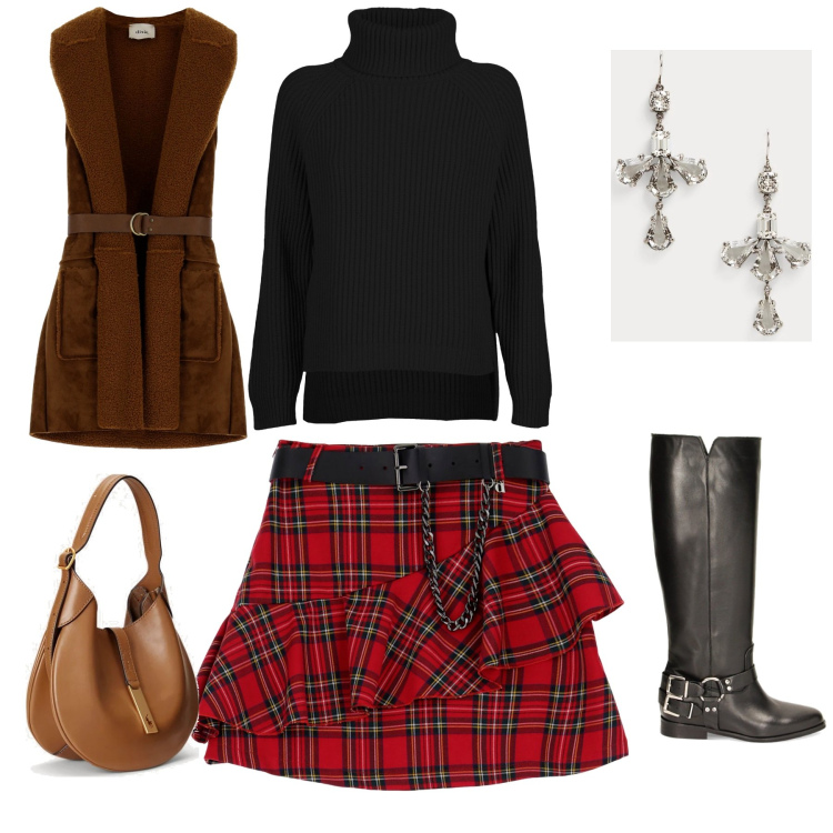 Outfit donna - Molto inglese. Stile Sporty chic per Scuola/Università. Abbinamento con stivali, gilet, gonne, orecchini, borse a spalla, maglieria.