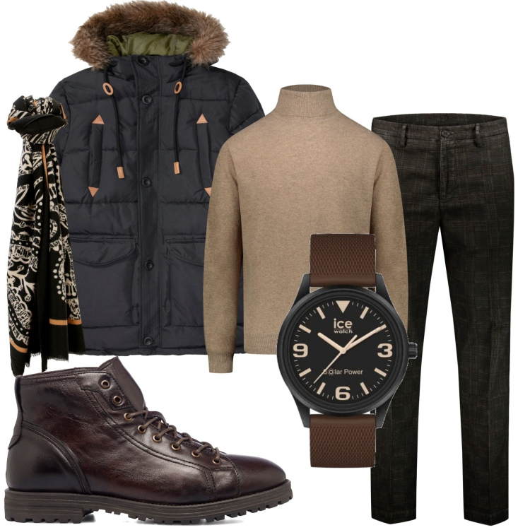 Outfit uomo - ICE brown. Stile Urban per Ufficio. Abbinamento con giacche, sciarpe, anfibi, pantaloni, orologi, maglieria.