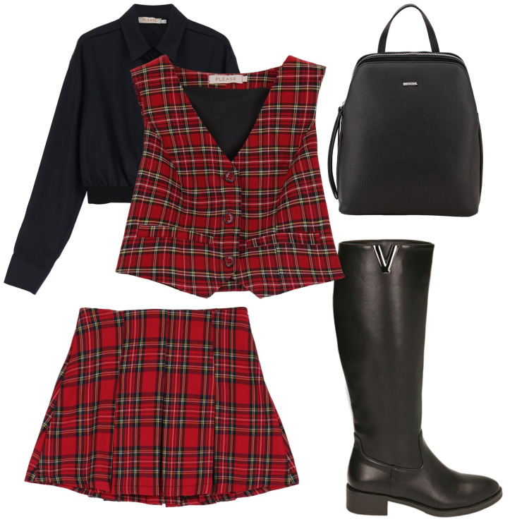 Outfit donna - Rosso Tartan. Stile Sporty chic per Tutti i giorni. Abbinamento con gilet, camicie, zaini, stivali sopra il ginocchio, minigonne.