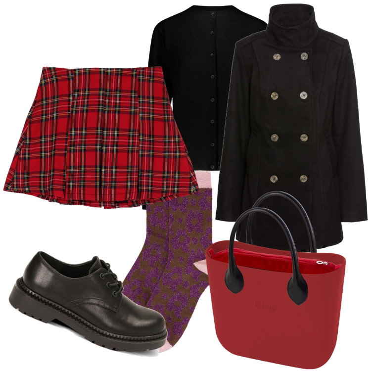 Outfit donna - Tartan, preppy, mix & match. Stile Preppy per Tutti i giorni. Abbinamento con caban, scarpe stringate, minigonne, calzini, borse a spalla, cardigans.