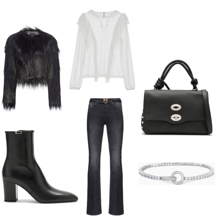 Outfit donna - Serata 3. Stile Casual chic per Serata fuori. Abbinamento con braccialetti, jeans, blazer, camicie, borse a mano, stivaletti.