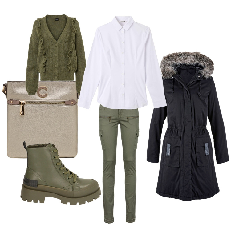 Outfit donna - Autunno. Stile Casual chic per Tutti i giorni. Abbinamento con pantaloni cargo, cardigans, parka, camicie, anfibi, borse a tracolla.