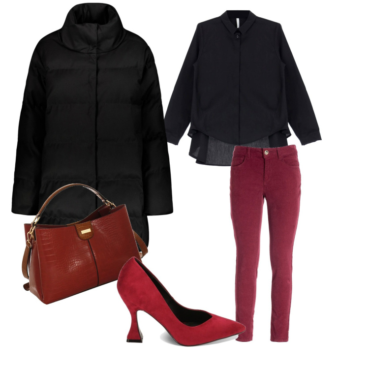 Outfit donna - Rosso di sera. Stile Casual chic per Serata fuori. Abbinamento con pantaloni skinny, camicie, décolleté, cappotti, borse a mano.