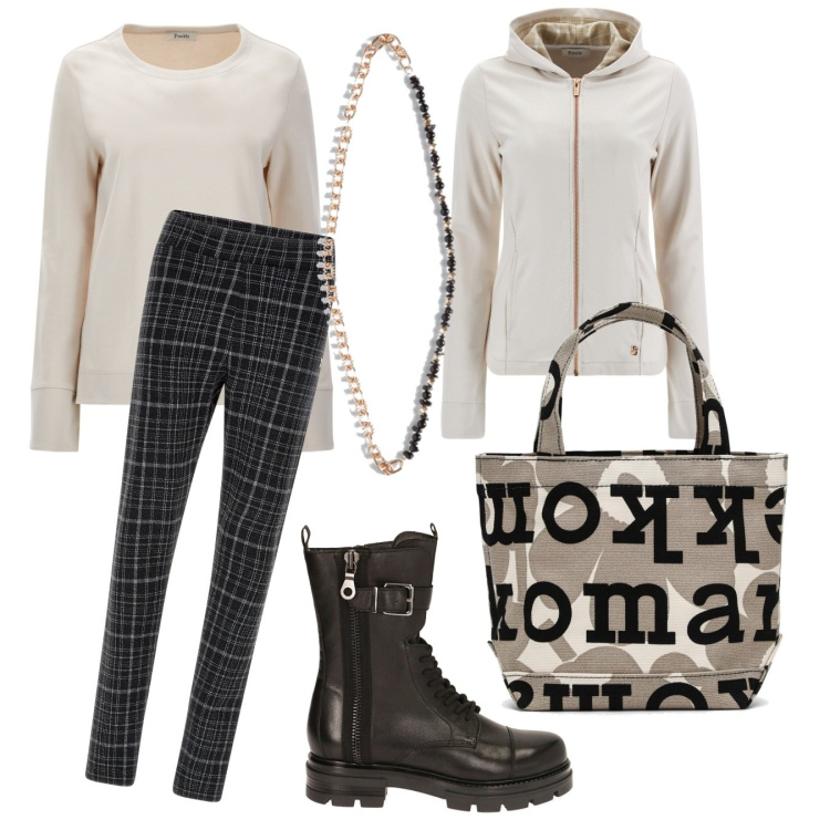 Outfit donna - Tartan. Stile Sporty chic per Tutti i giorni. Abbinamento con pantaloni, felpe con cappuccio, felpe, anfibi, collane, borse tote.