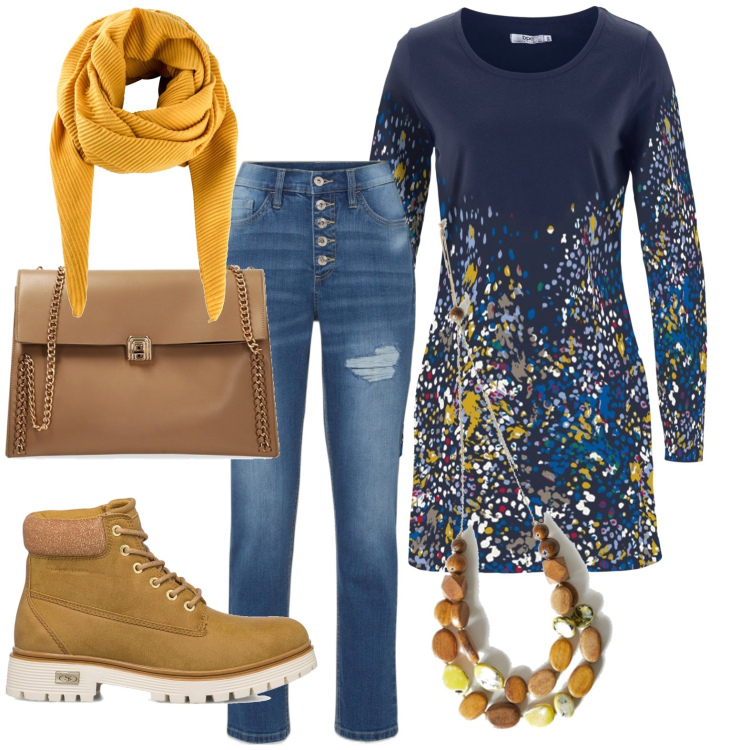 Outfit donna - Total look #1784562. Stile Casual per Tutti i giorni. Abbinamento con foulard, tuniche, jeans boyfriend, borse a spalla, stivaletti, collane.