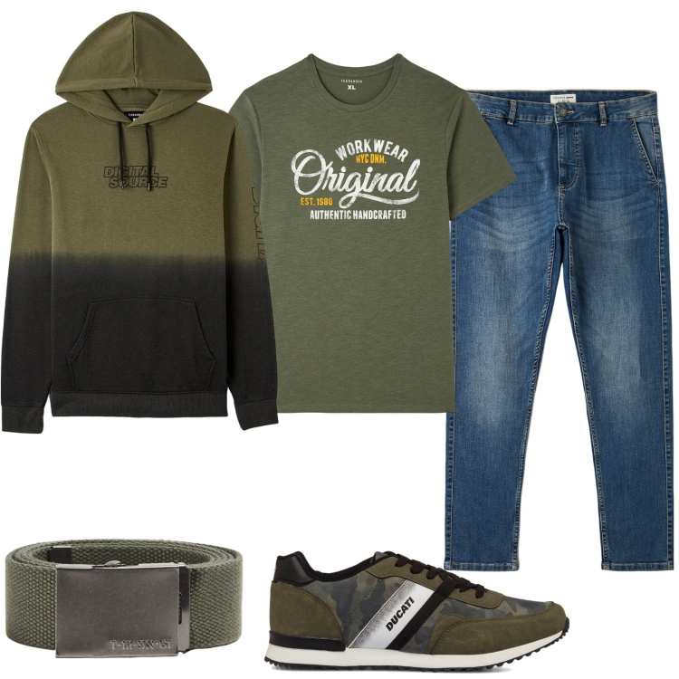 Outfit uomo - La sneaker camouflage. Stile Casual per Tutti i giorni. Abbinamento con t-shirt, felpe con cappuccio, jeans skinny, cinture, sneakers.