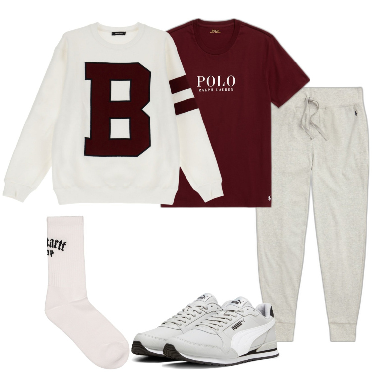 Outfit uomo - Look sportivo. Stile Casual per Sport. Abbinamento con felpe, t-shirt, pantaloni, sneakers alte, calzini.