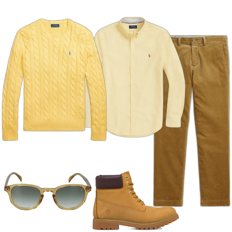 Outfit uomo - Bello come il sole. Stile Trendy per Tutti i giorni. Abbinamento con camicie, pantaloni, maglieria, stivali e stivaletti, occhiali da sole.