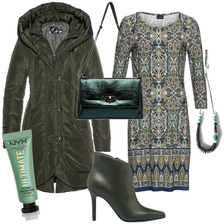 Outfit donna - Total look #1784570. Stile Casual per Tutti i giorni. Abbinamento con blazer, vestiti, ombretti, stivaletti, borse a tracolla, collane.