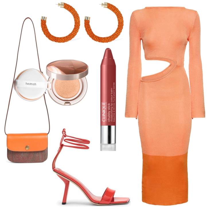 Outfit donna - Cut out arancione. Stile Trendy per Serata fuori. Abbinamento con fondotinta, rossetti, vestiti asimmetrici, orecchini, borse a spalla, sandali col tacco.
