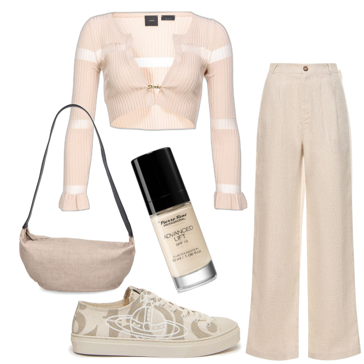 Outfit donna - Colori neutri. Stile Casual chic per Tutti i giorni. Abbinamento con fondotinta, cardigans, sneakers, pantaloni, pantaloni, borse a spalla.