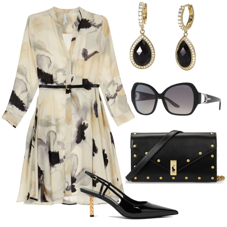 Outfit donna - Mini abito fantasia chic. Stile Chic per Tutti i giorni. Abbinamento con orecchini, vestiti corti, occhiali da sole, clutch, décolleté.