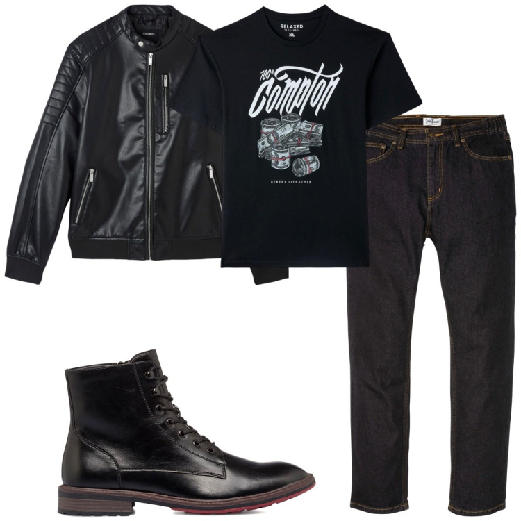 Outfit uomo - Total look #1784606. Stile Biker Rock per Tutti i giorni. Abbinamento con jeans dritti, t-shirt, giacche, anfibi.