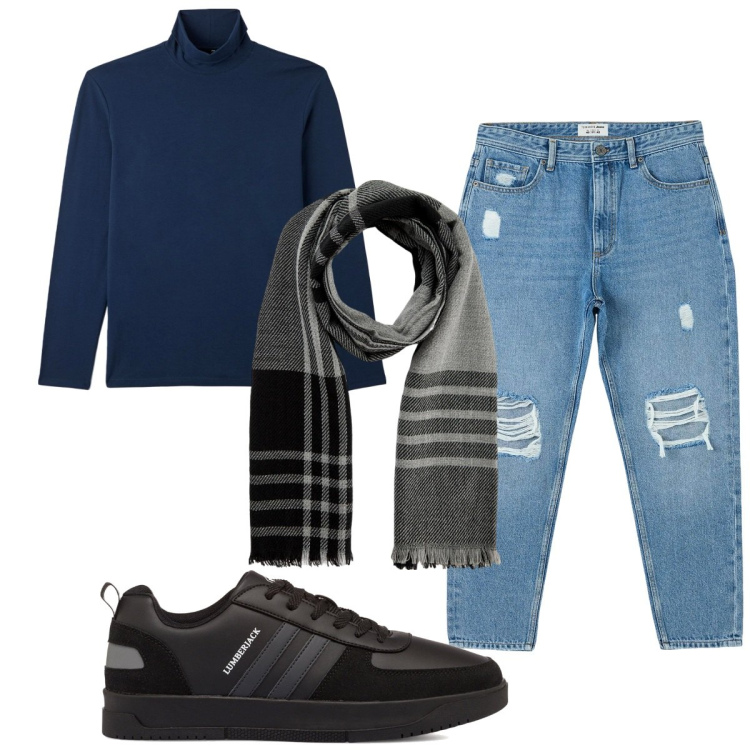 Outfit uomo - Total look #1784612. Stile Trendy per Tutti i giorni. Abbinamento con jeans strappati, t-shirt, sciarpe, sneakers.