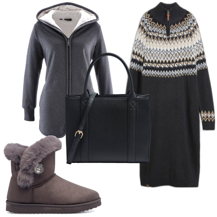 Outfit donna - Total look #1784631. Stile Trendy per Tutti i giorni. Abbinamento con vestiti, felpe, shopping bag, stivaletti.