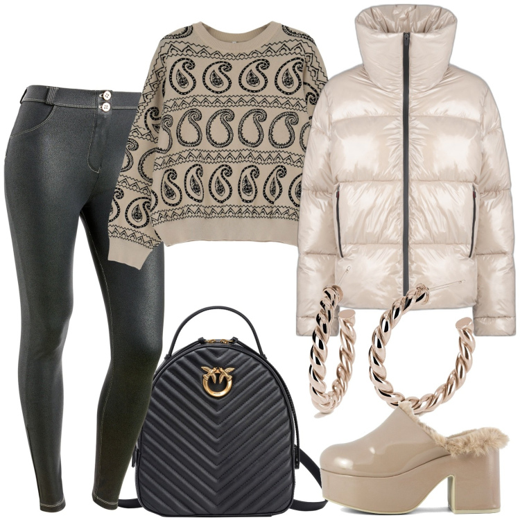 Outfit donna - Lo chalet per due. Stile Trendy per Tutti i giorni. Abbinamento con orecchini, zaini, maglieria, pantaloni skinny, blazer, sabot.