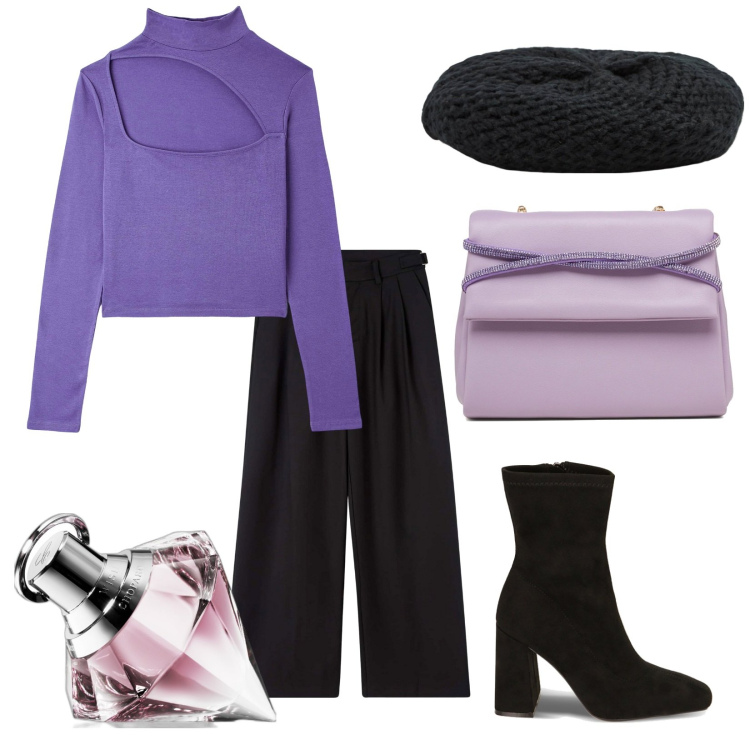 Outfit donna - Seratina. Stile Casual chic per Serata fuori. Abbinamento con profumi, t-shirt, pantaloni, cappelli e berretti, stivaletti, clutch.
