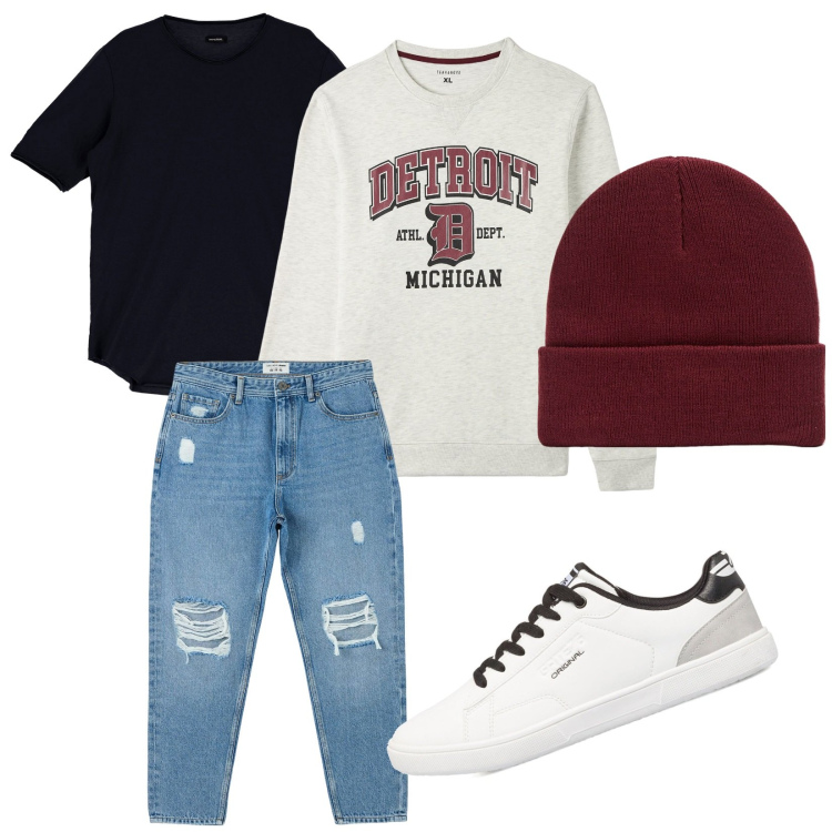 Outfit uomo - Total look #1784679. Stile Urban per Tutti i giorni. Abbinamento con jeans strappati, felpe, berretti, t-shirt, sneakers.
