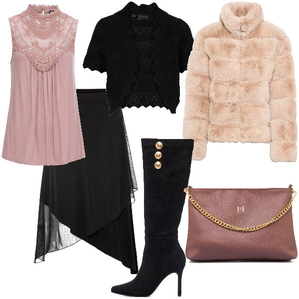 Outfit donna - Total look #1784690. Stile Romantica per Serata fuori. Abbinamento con top, ecopellicce, gonne, blazer, borse a tracolla, stivali sopra il ginocchio.