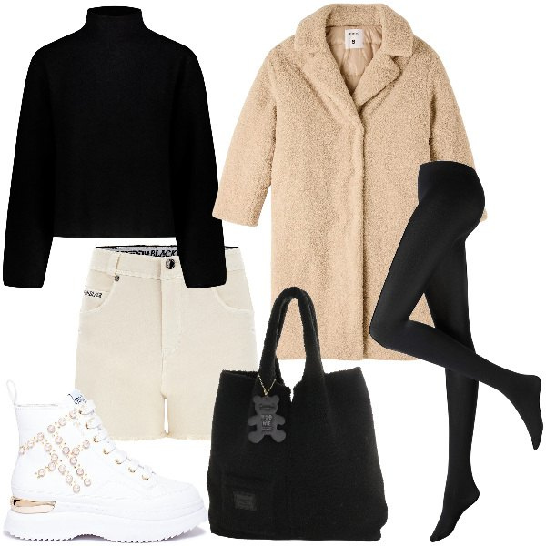 Outfit donna - Total look #1784699. Stile Casual per Tutti i giorni. Abbinamento con collant, cappotti, sneakers, shorts, maglieria, shopping bag.