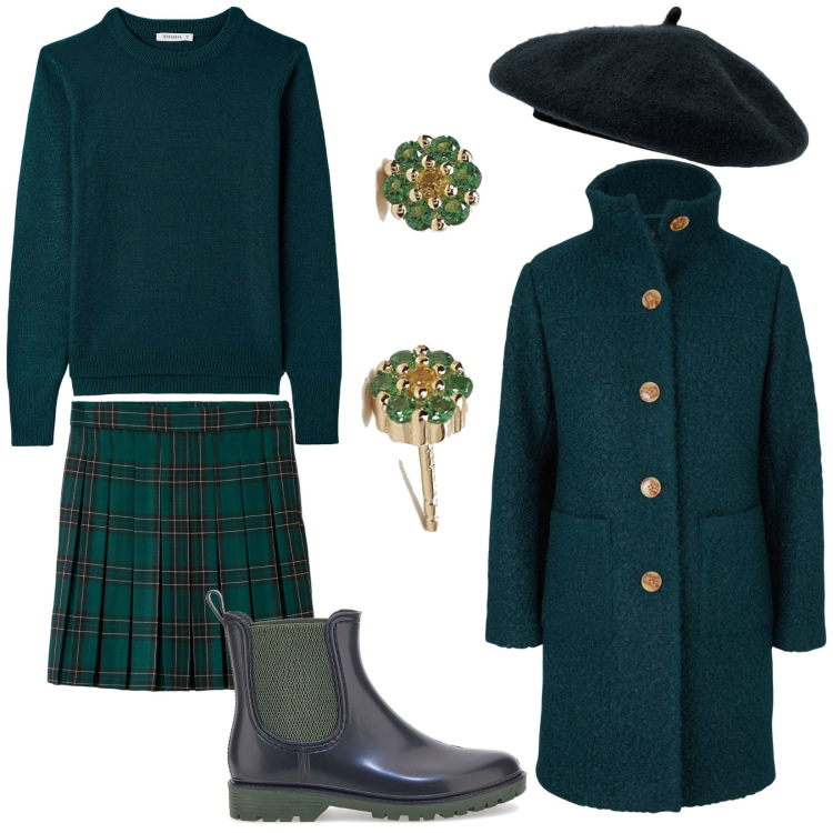 Outfit donna - Green. Stile Trendy per Tutti i giorni. Abbinamento con cappotti, minigonne, maglieria, orecchini, stivaletti chelsea, cappelli e berretti.