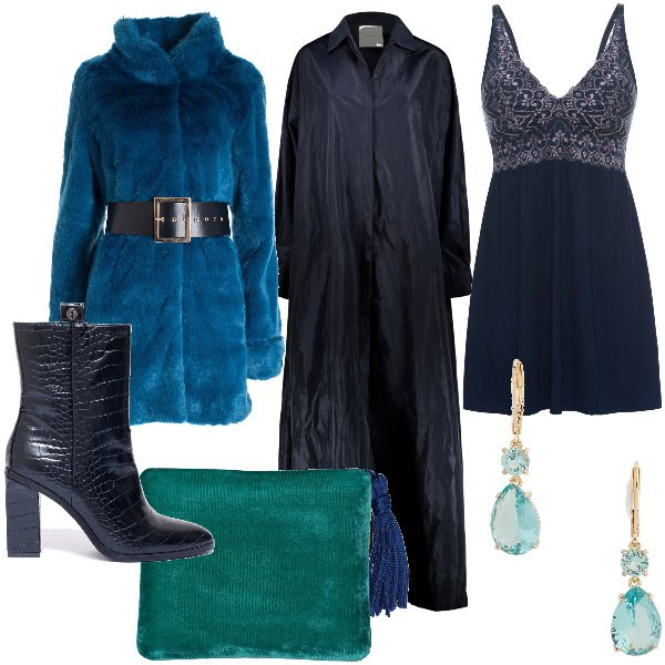 Outfit donna - Total look #1784701. Stile Trendy per Serata fuori. Abbinamento con vestaglie, cappotti, stivaletti, orecchini, vestiti, pochette.