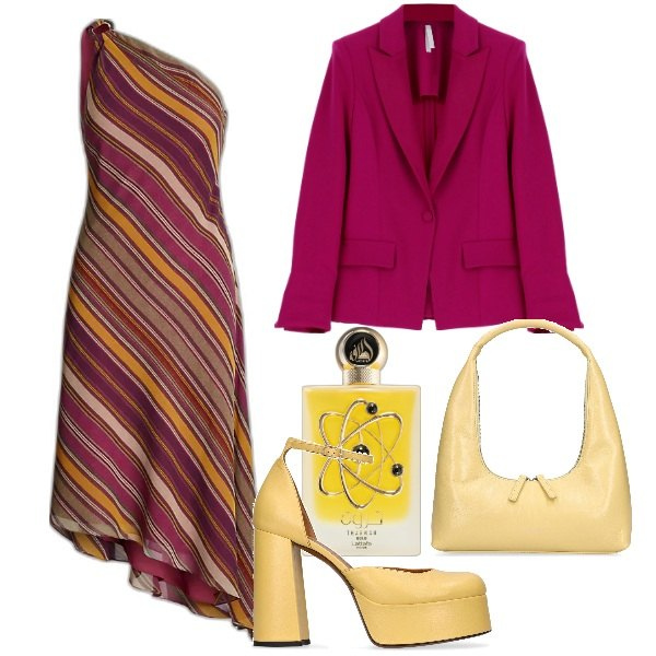 Outfit donna - 31 Dicembre. Stile Glamour per Serata fuori. Abbinamento con profumi, cappotti, vestiti asimmetrici, décolleté, borse a spalla.