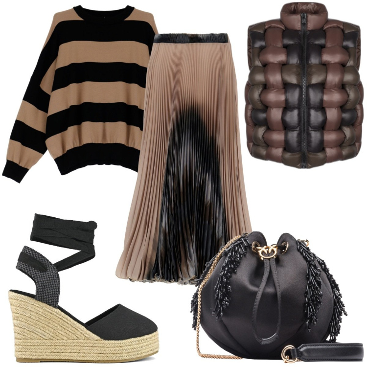 Outfit donna - Serata trendissima nello chalet. Stile Trendy per Serata fuori. Abbinamento con borse a cartella, gonne longuette, maglieria, piumini, espadrillas.