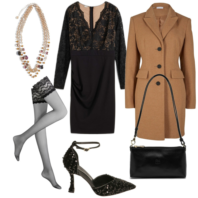 Outfit donna - Raffinata 2. Stile Glamour per Serata fuori. Abbinamento con collant, vestiti, cappotti, collane, décolleté, borse a spalla.