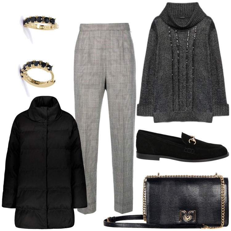 Outfit donna - Casual. Stile Casual per Ufficio. Abbinamento con pantaloni, mocassini, orecchini, borse a tracolla, cappotti, maglieria.