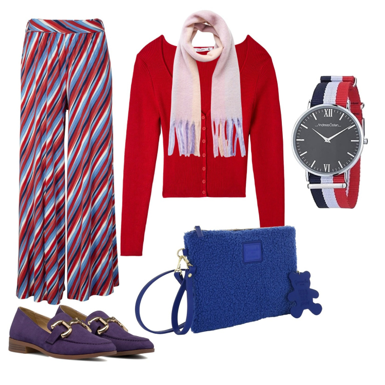 Outfit donna - Se ami il colore e ha paura di osare. Stile Glamour Abbinamento con pantaloni a palazzo, cardigans, sciarpe, mocassini, orologi analogici, borse a tracolla.