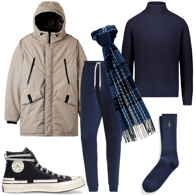 Outfit uomo - Sportivo. Stile Casual per Tutti i giorni. Abbinamento con parka, sciarpe, calzini, pantaloni, maglieria, sneakers.