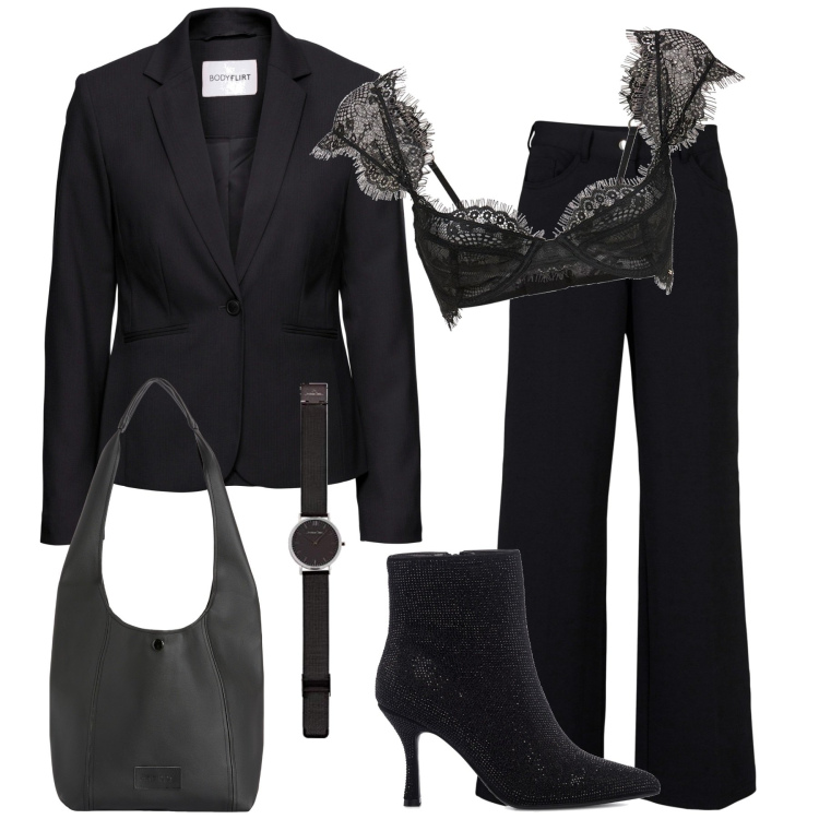 Outfit donna - Il reggiseno a vista. Stile Sexy per Serata fuori. Abbinamento con blazer, pantaloni, borse a spalla, stivaletti, reggiseni, orologi.