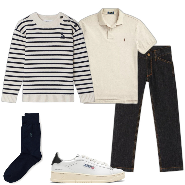 Outfit uomo - Maglione a righette. Stile Casual per Tutti i giorni. Abbinamento con calzini, polo, jeans, maglieria, sneakers.