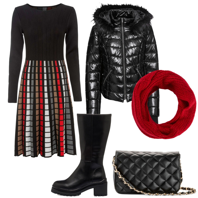 Outfit donna - Un vestito meraviglioso. Stile Basic per Ufficio. Abbinamento con vestiti, borse a tracolla, cappotti, scaldacollo, stivali.