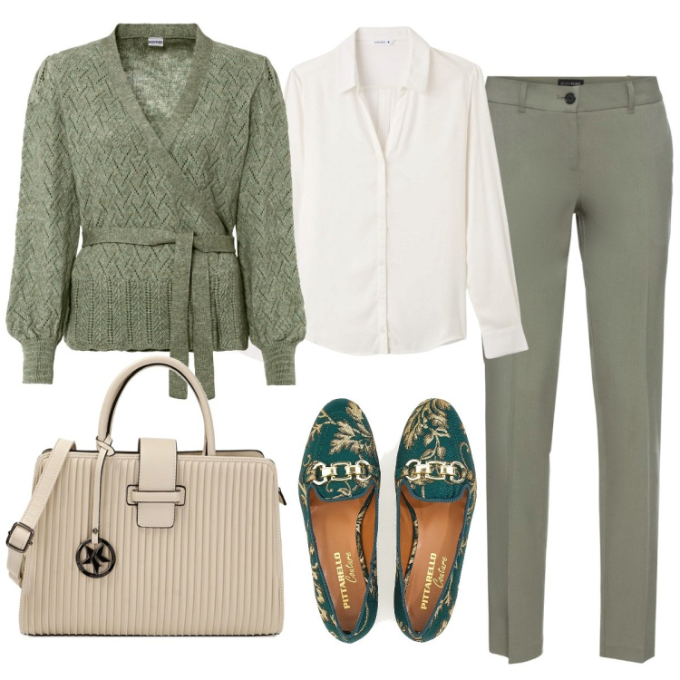 Outfit donna - Delicato verde salvia. Stile Bon Ton per Tutti i giorni. Abbinamento con maglieria, pantaloni, camicie, borse a mano, mocassini.