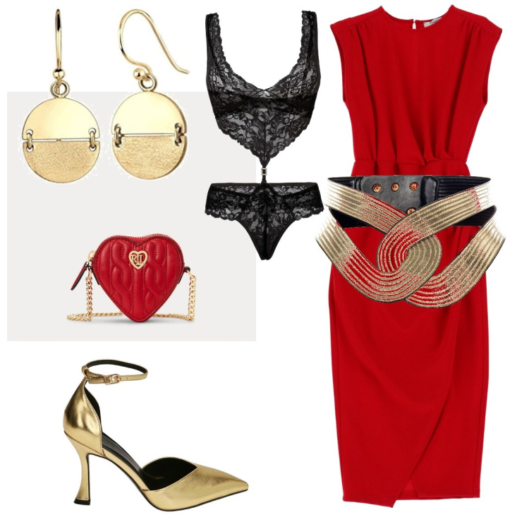 Outfit donna - Cenone di Capodanno. Stile Chic per Serata fuori. Abbinamento con body, cinture, vestiti midi/longuette, décolleté, pochette, orecchini.