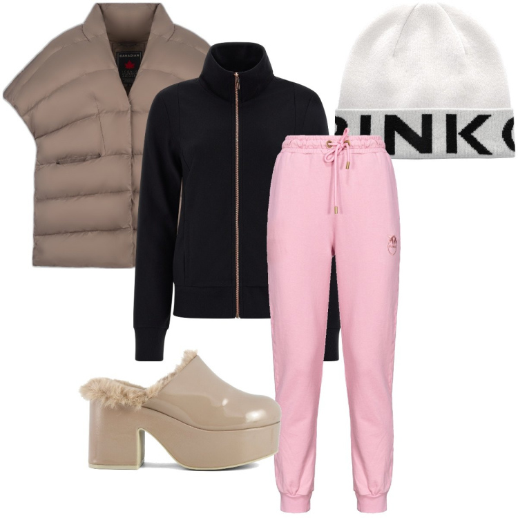 Outfit donna - Uno chalet per due. Stile Sporty chic per Tutti i giorni. Abbinamento con berretti, pantaloni, felpe, cappe, sabot.