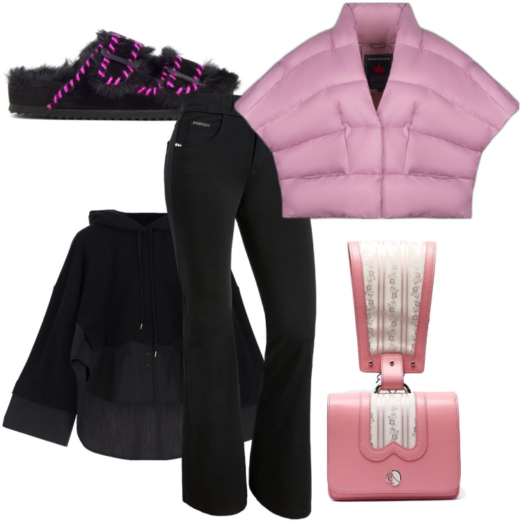 Outfit donna - Cioccalata calda allo chalet. Stile Casual chic per Tutti i giorni. Abbinamento con felpe con cappuccio, pantaloni, cappe, ciabatte, borse a mano.