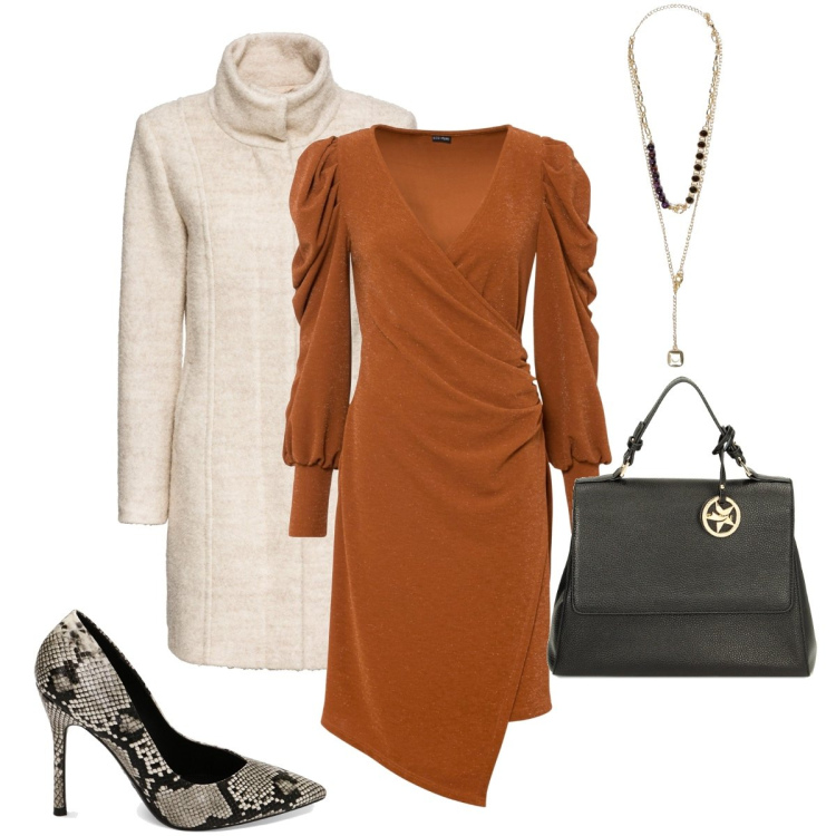 Outfit donna - L’abito glitterato. Stile Bon Ton per Serata fuori. Abbinamento con cappotti, vestiti, décolleté, borse a mano, collane.