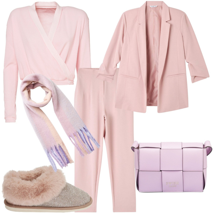 Outfit donna - Total look #1784798. Stile Casual per Tutti i giorni. Abbinamento con pantaloni chino, blazer, sciarpe, top, stivaletti, borse a tracolla.