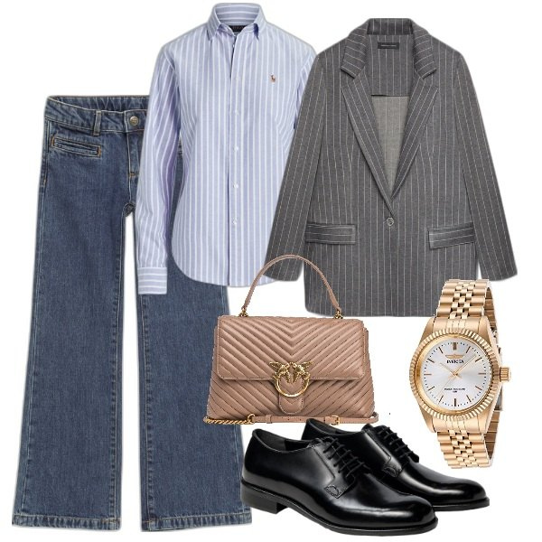 Outfit donna - Comodamente mannish. Stile Mannish per Ufficio. Abbinamento con borse a mano, camicie, orologi, scarpe stringate, jeans a zampa, blazer.
