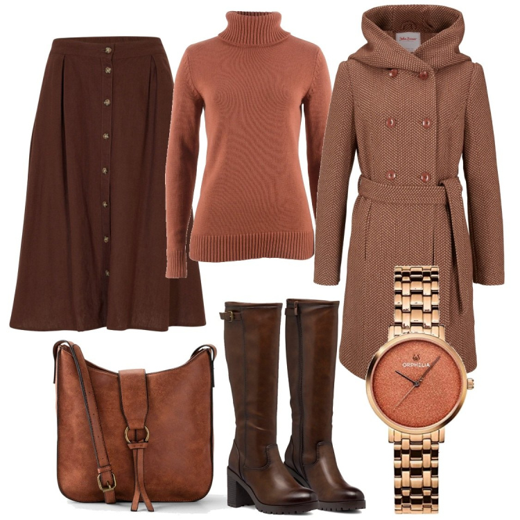 Outfit donna - Toni che scaldano il cuore. Stile Casual chic per Ufficio. Abbinamento con borse a tracolla, gonne longuette, cappotti, maglieria, stivali sopra il ginocchio, orologi analogici.