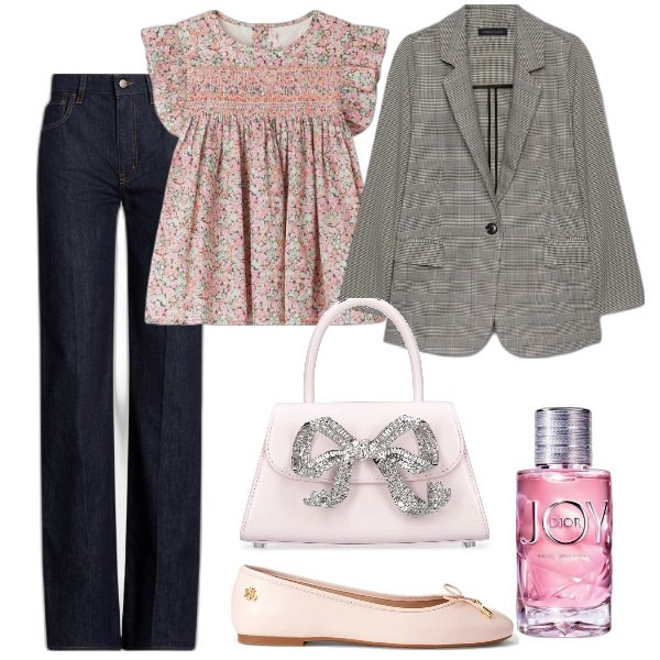 Outfit donna - Romanticamente curvy. Stile Sexy per Ufficio. Abbinamento con profumi, jeans, ballerine, blazer, bluse, borse a mano.