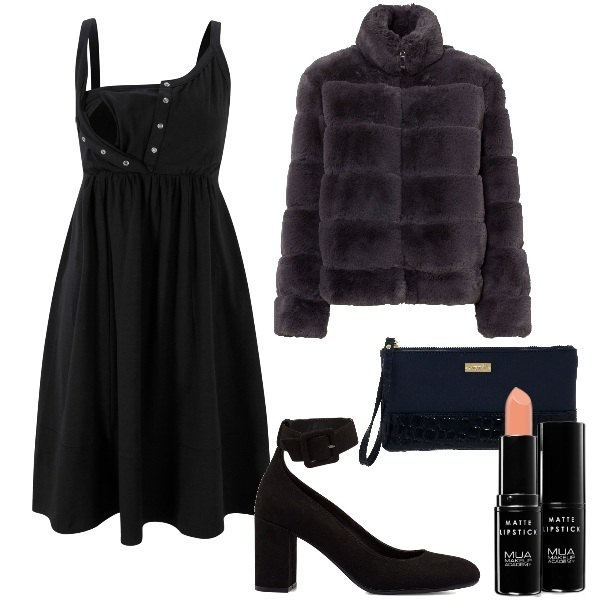 Outfit donna - Serata elegante curvy. Stile Chic per Serata fuori. Abbinamento con ecopellicce, vestiti, rossetti, décolleté, pochette.