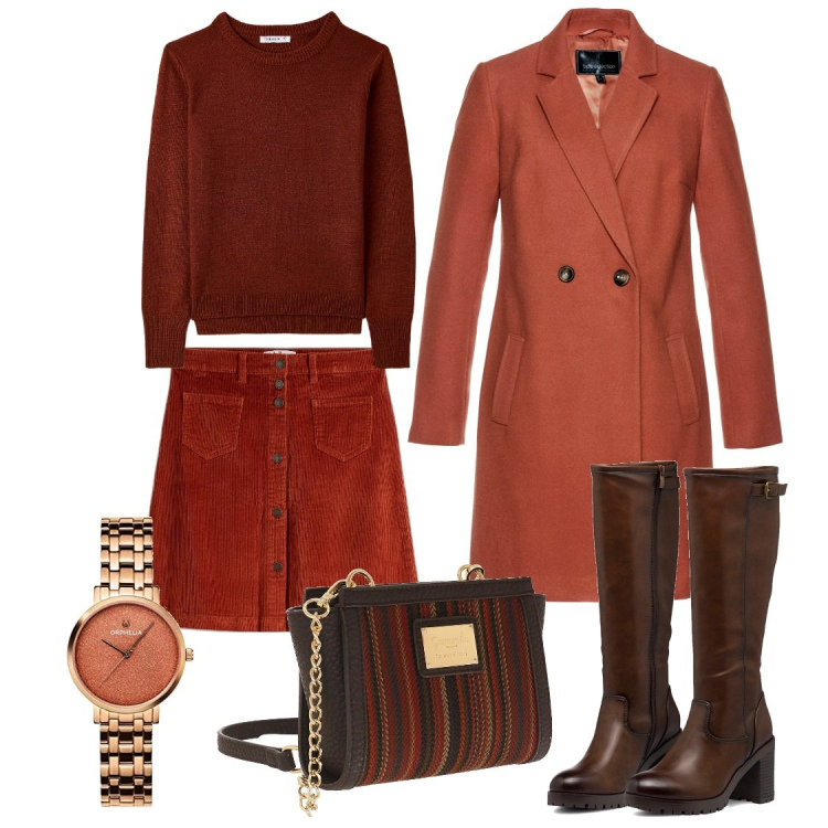 Outfit donna - La gonna in velluto. Stile Casual chic per Ufficio. Abbinamento con gonne, cappotti, maglieria, stivali sopra il ginocchio, borse a tracolla, orologi analogici.
