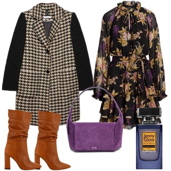 Outfit donna - Curvy il vestito a fiori. Stile Trendy per Ufficio. Abbinamento con profumi, stivali, vestiti, cappotti, borse a spalla.