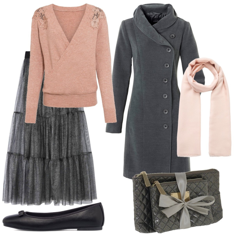 Outfit donna - Romantica. Stile Romantica per Serata fuori. Abbinamento con cappotti, maglieria, gonne, sciarpe, ballerine, pochette.