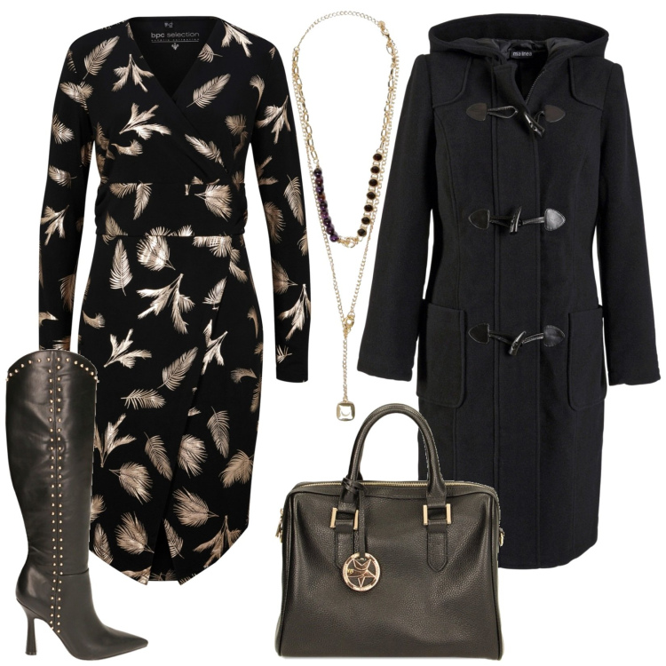 Outfit donna - L\'abito fantasia e gli stivali. Stile Chic per Serata fuori. Abbinamento con montgomery, vestiti, stivali, borse a mano, collane.