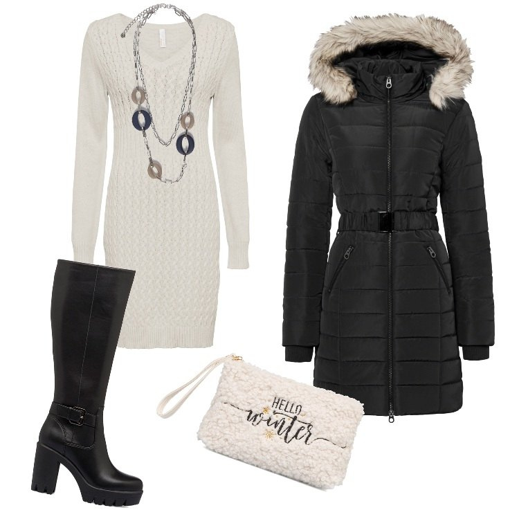Outfit donna - L\'Abito in maglia-dicembre. Stile Basic per Ufficio. Abbinamento con giacche, vestiti, stivali, pochette, ciondoli.